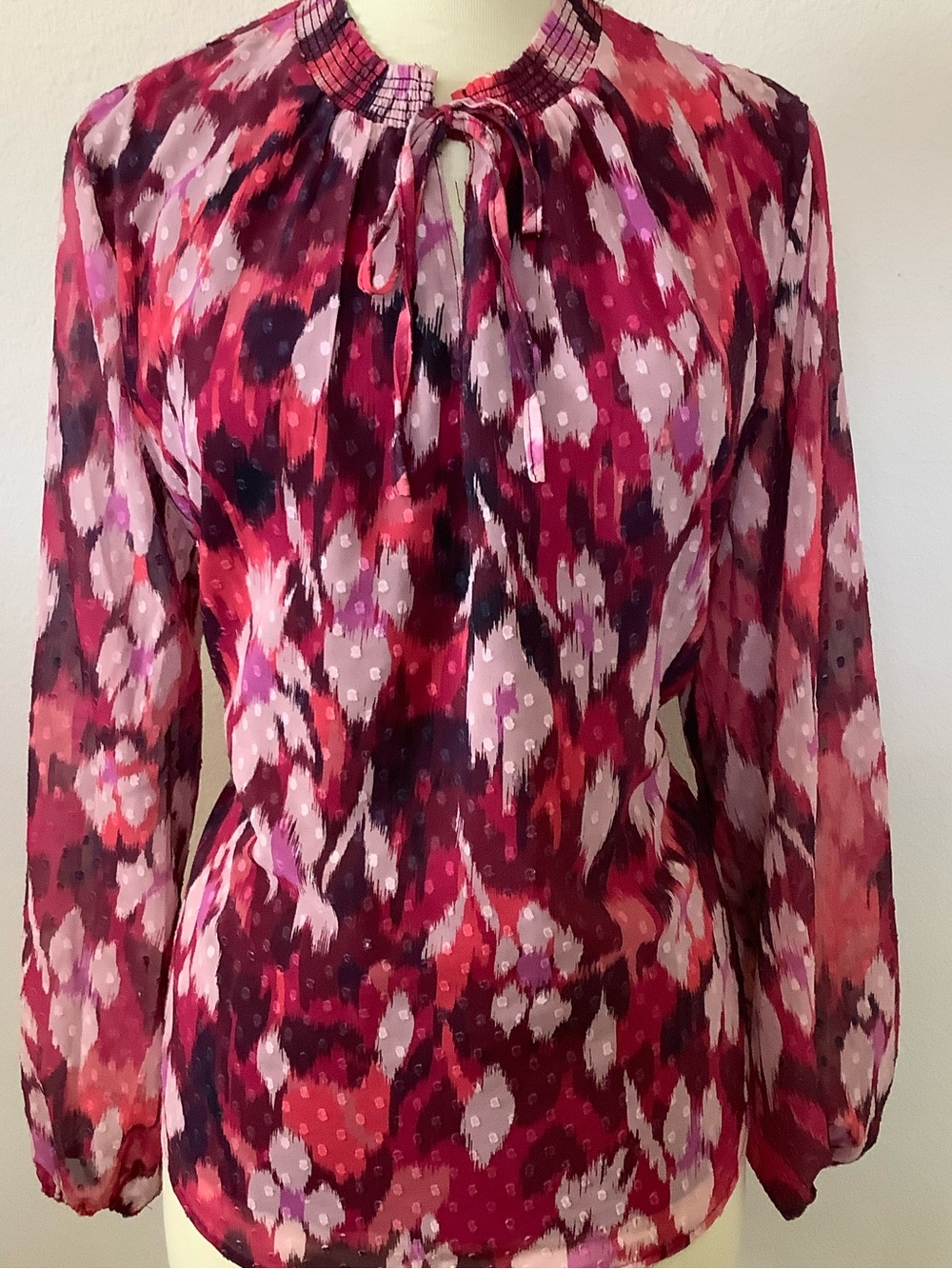 Tribal Red Pink Multi-Print Tie-Neck Long Sleeve Blouse